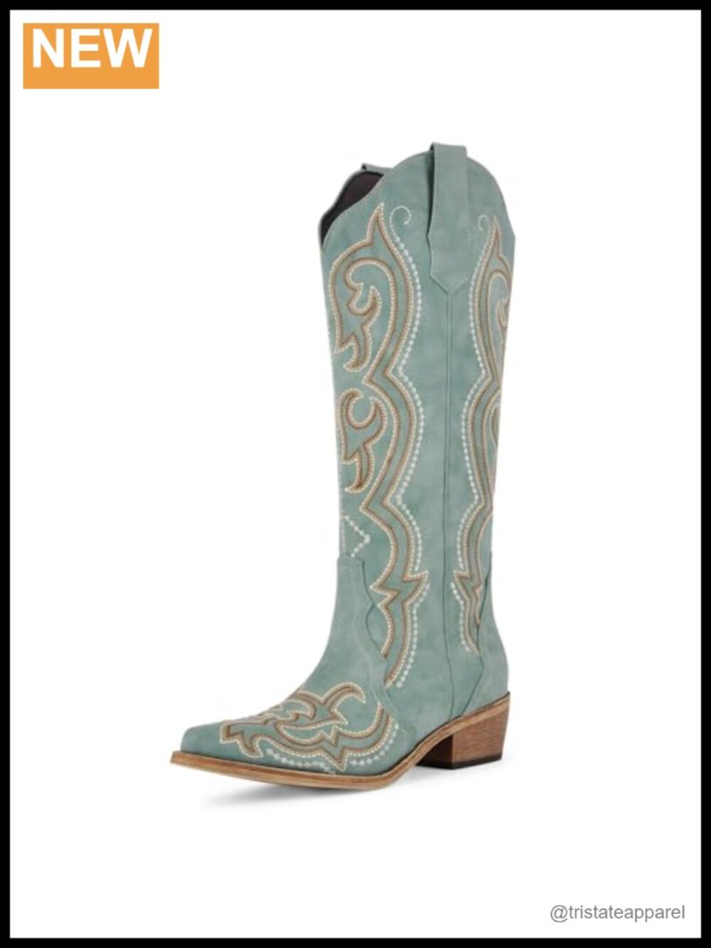 Knee High Cowgirl Boots Snip Toe Side Zip Chunky Heel Faux Leather Embroidery